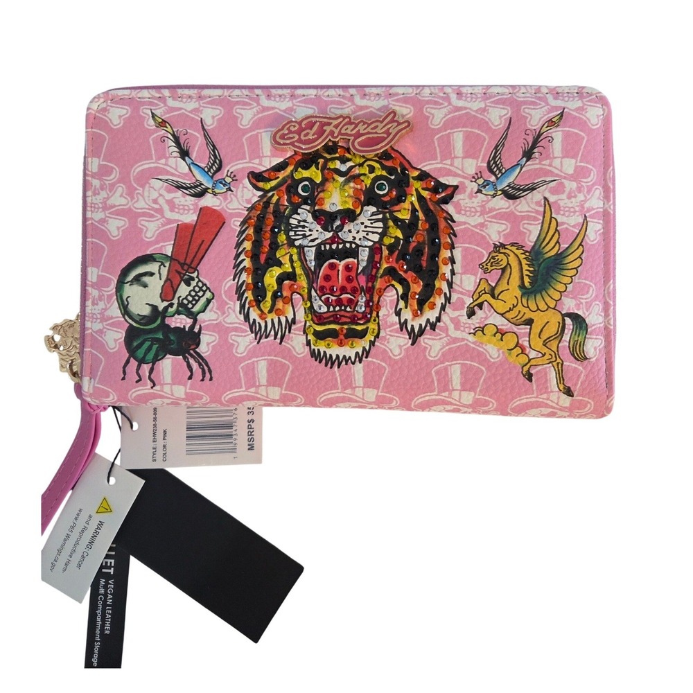 Ed Hardy Wallet OS Pink Tiger Tattoo Rhinestone Vegan Leather Zip Around Y2K NWT